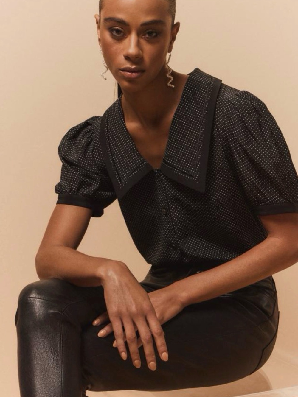 Frame Denim Black Microdot Puff Sleeve Blouse with Contrast Collar